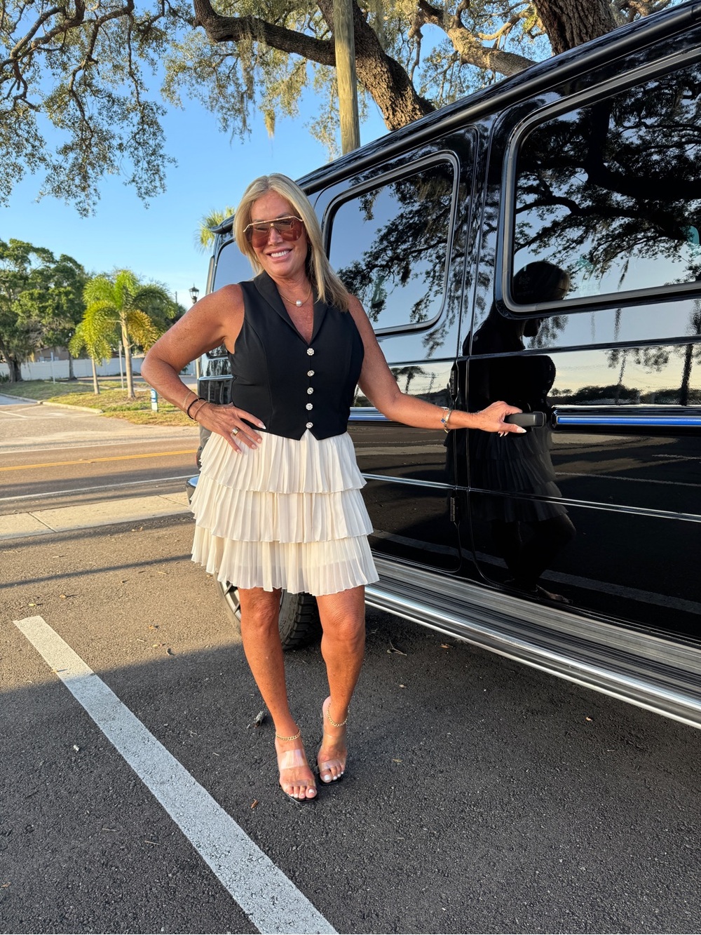 Sugarlips Black Sleeveless Vest with Cream Tiered Pleated Mini Skirt